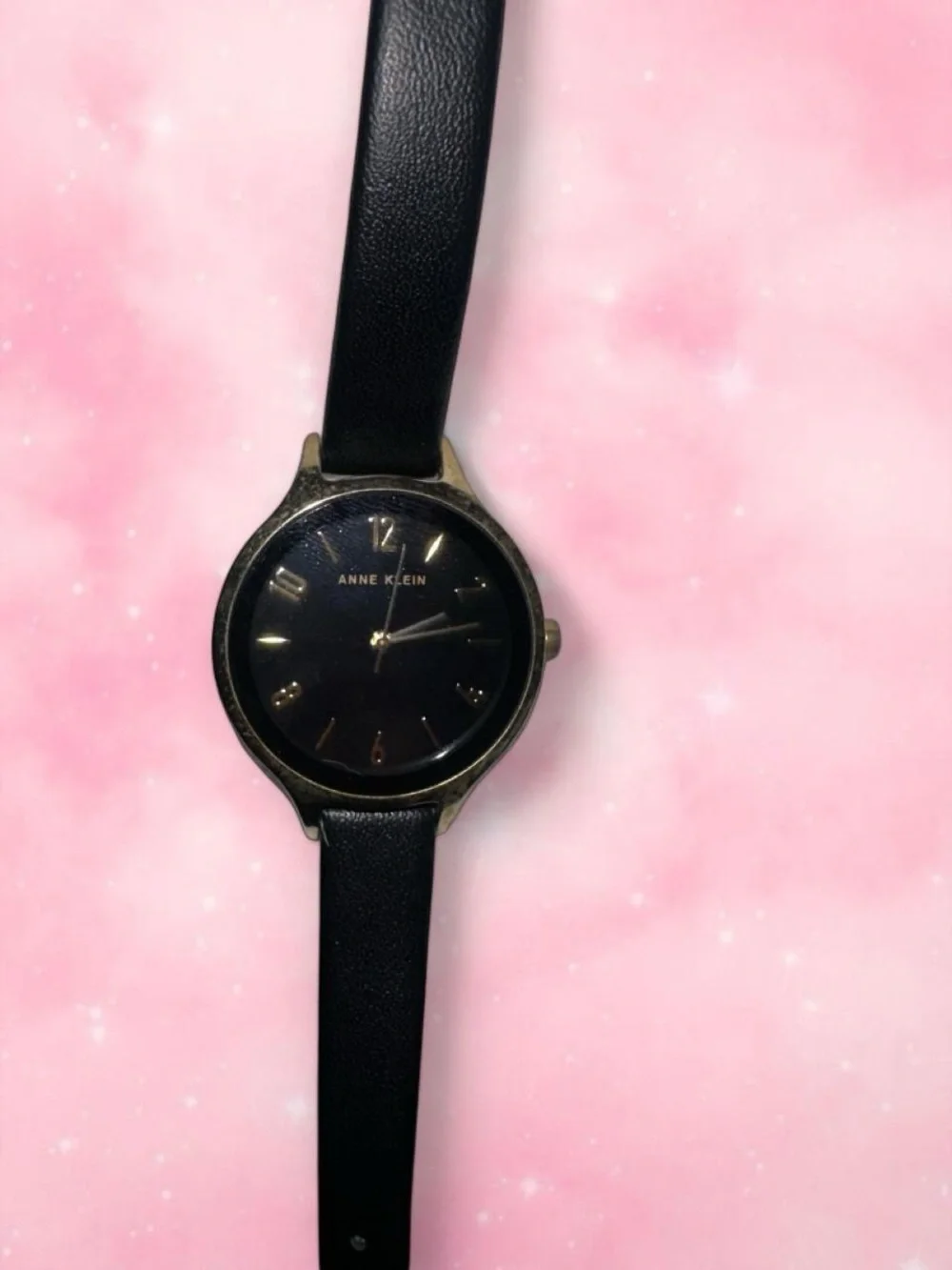 Anne Klein Black and Gold Women's Leather-Strap Watch